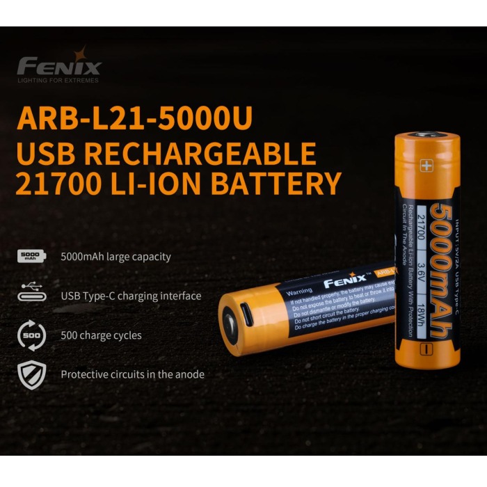Nabíjateľná batéria Fenix 21700 5000 mAh s USB-C 2 Bateria fenix FE21700U n1